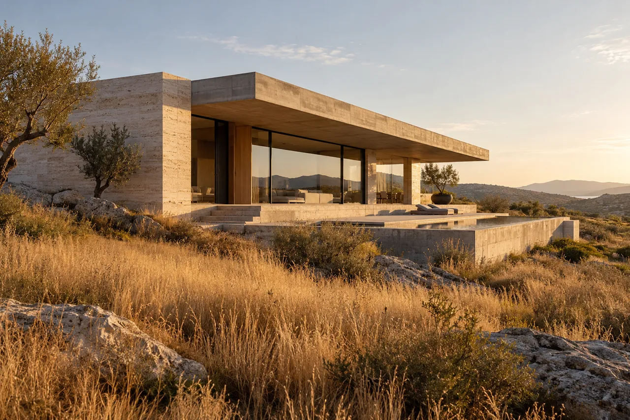 Illustrative modern stone house in a sunlit landscape