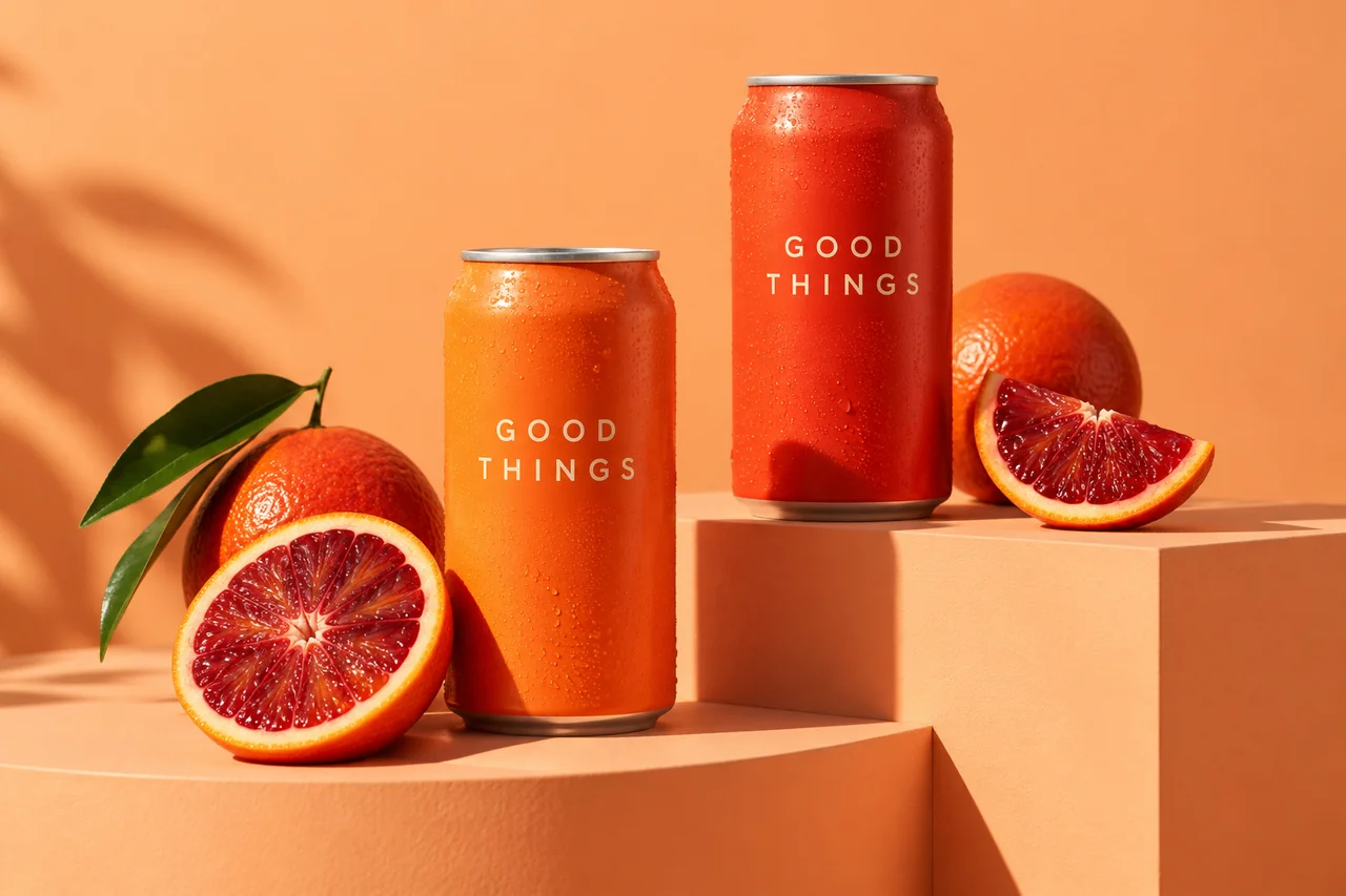 Illustrative orange botanical soda cans and blood oranges